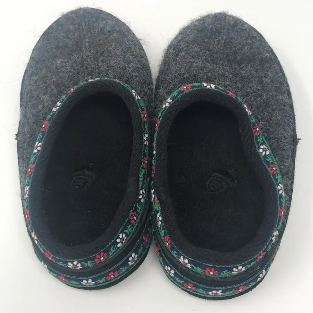 Kids Acorn Gray Wool Slippers floral trim 9.5-10.5
